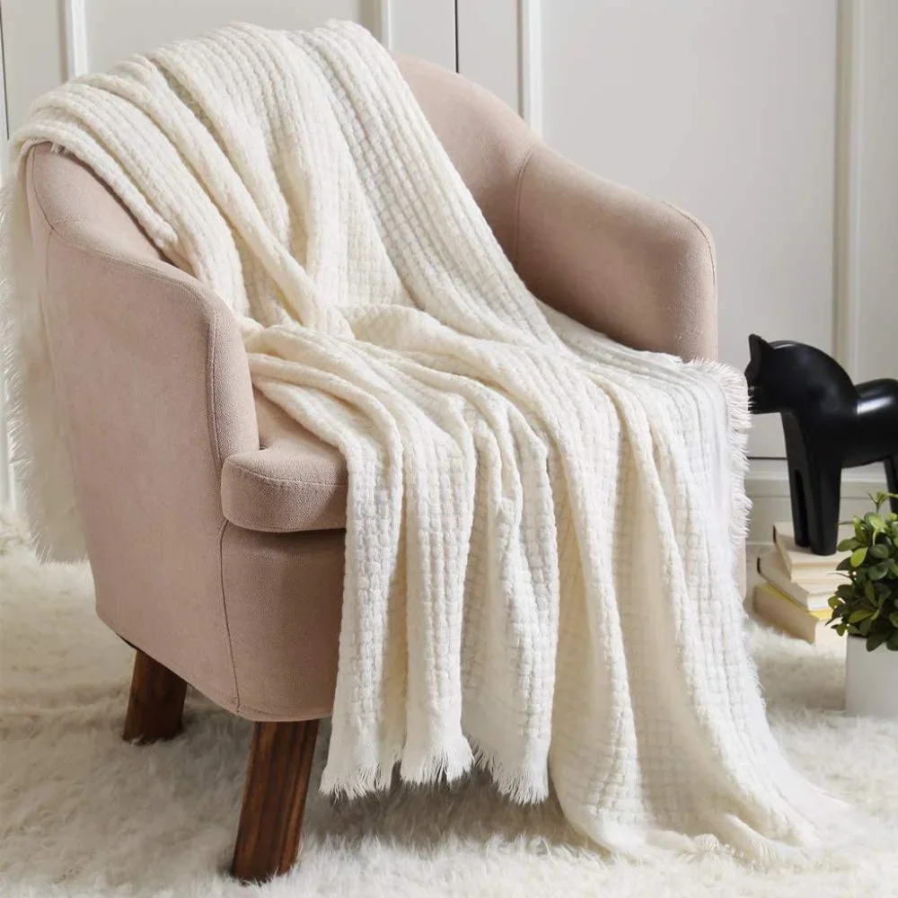 Pink Farmhouse Throw Knitted Throw Waffle Throw White - Picture 4 of 6